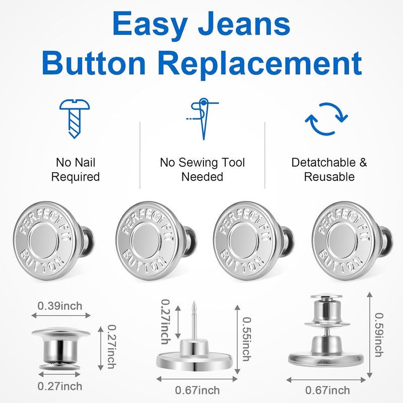 Ceryvop12 Sets Button Pins for Loose Jeans, No Sew and No Tools Instant Replacement Snap Tack Pant Button, Reusable and Adjustable Metal Pants Tightener - Image 2